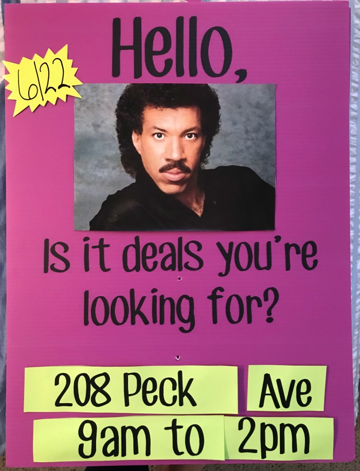 Lionel Richie garage sale sign