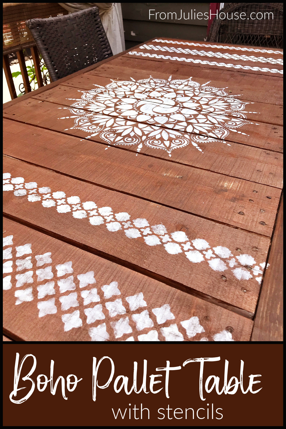 Sharing a quick update I did on the pallet table on our deck - I added a mandala and Moroccan border designs with stencils.